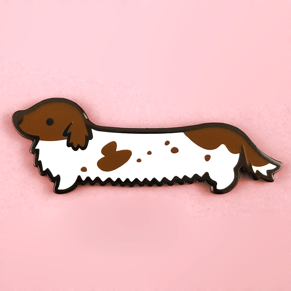 Weenie Dog Pin - Long Coat Piebald Chocolate